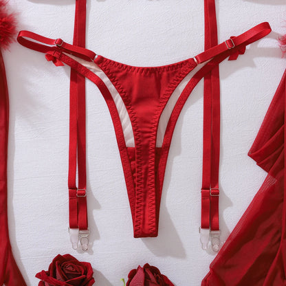 Ellolace Wilowy Lingerie Sexy Women Bra Set 3PC with Gloves&Stockings&Choker Elegant Christmas Splicing Cougar Boudoir Underwear