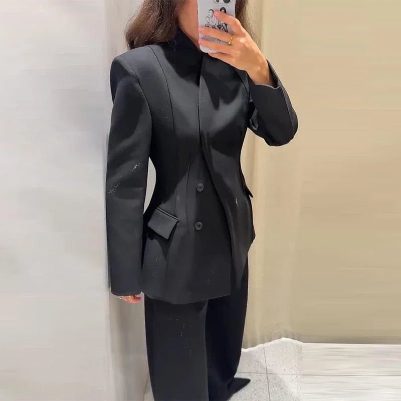 Elegant Blazer Pants Set Women Solid V-neck Long Sleeve Button Coat Wide Leg Trousers 2025 Autumn Fashion Office Lady Outfits