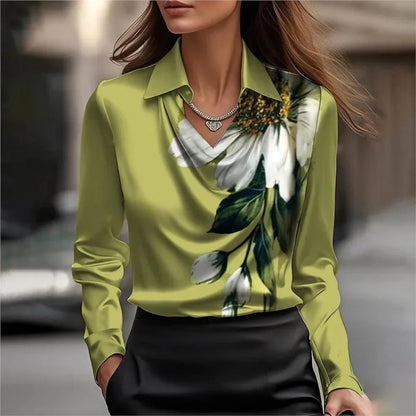 Elegant Women's Satin Shirt Blouse New Print V-neck Swing Neck Long-sleeved Solid Color Loose Shirt Casual Top Office Ladies