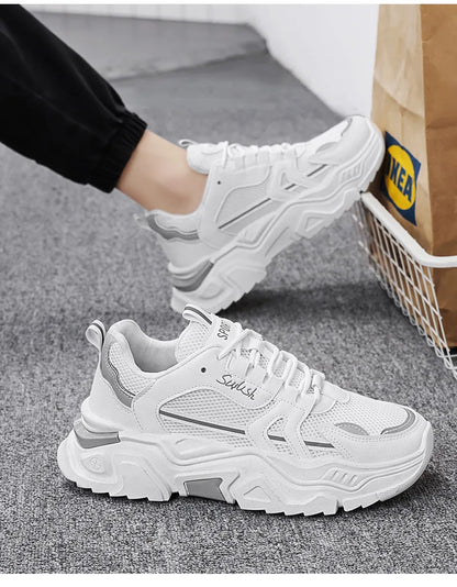 New Fashion Mens Thick Sole Platform Sneakers Breathable Mesh Lightweight Low Top Dad Shoes Casual Sports Walking Shoes - Kimlud