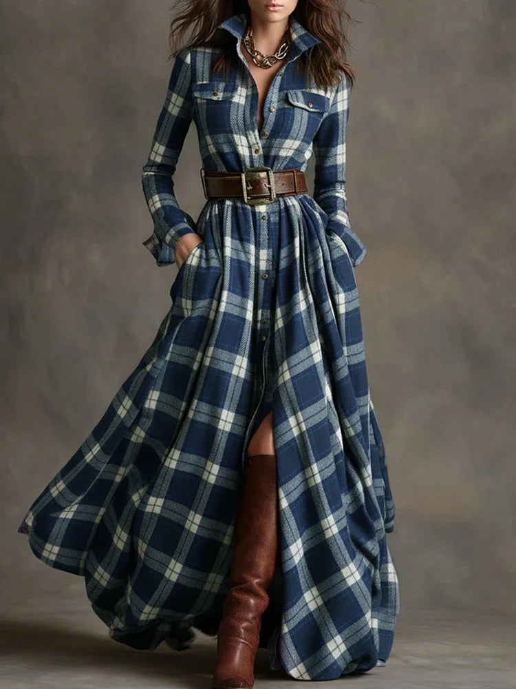 Plaid with Belt Retro Long Dress Lapel Button Irregular A Line Skirts Long Sleeve Casual Women's Dresses Autumn Elegant Clothes