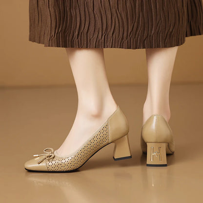 【JOCHEBED HU】New Fashion Hollow Out Women Pumps Square Toe Summer Shoes Chunky Heels Handmade Genuine Leather Shoes 33-43 - Kimlud