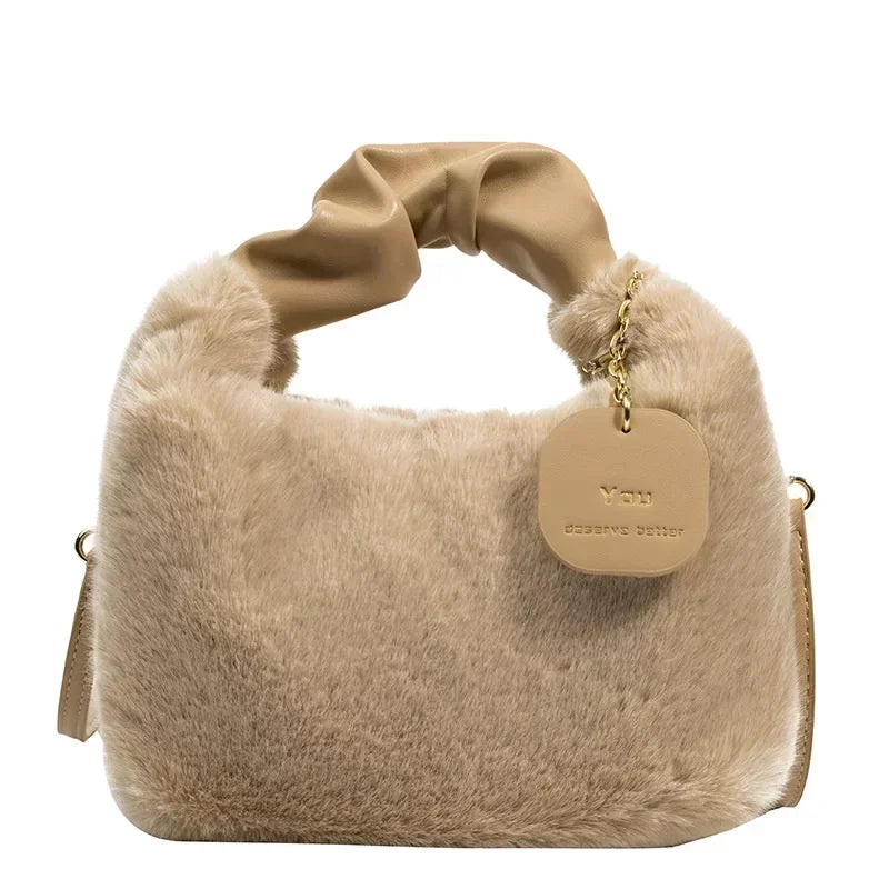New Fashion Women Lady Shoulder Underarm Bag Solid Color Soft Plush Handbag Fluffy Totes Purse Autumn Winter Shopping Bag