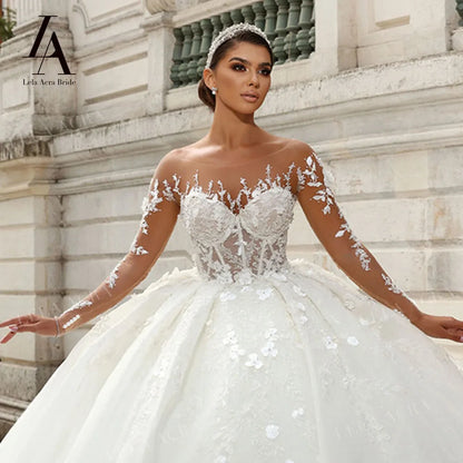 LelaAcra 3D Flowers Wedding Dress 2026 Long Sleeve Sweetheart Luxury Ball Gown Princess Bride SM161 Plus Size Vestido de Noiva