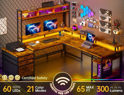 Premium Shaped Desk with Drawers Reversible Large L Shaped Gaming Desk withShelf Gaming Desk with