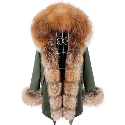 MAOMAOKONG 2024 Winter Women Coat Natural Fox Fur Collar Cuff Black Jackets Outwear Thick Luxury Real Fur Parka Women's Fur Coat