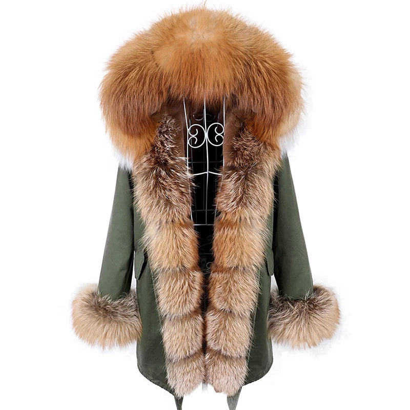 MAOMAOKONG 2024 Winter Women Coat Natural Fox Fur Collar Cuff Black Jackets Outwear Thick Luxury Real Fur Parka Women's Fur Coat