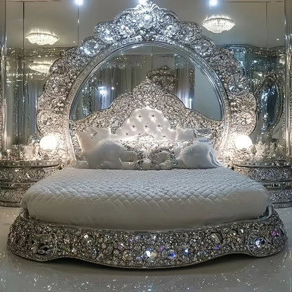 European crystal bed Italian art furniture French luxury solid wood inlaid diamond shining master bedroom silver princess bed