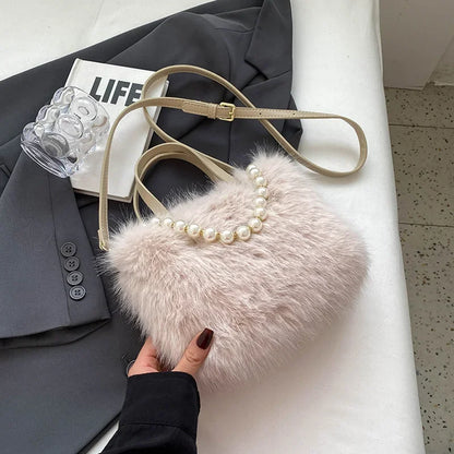 Winter Fashion Faux Fur Crossbody Bags for Women's Gift, Pearl Chain Decor Shoulder Bag, Ladies Handbags Top-handel Bag