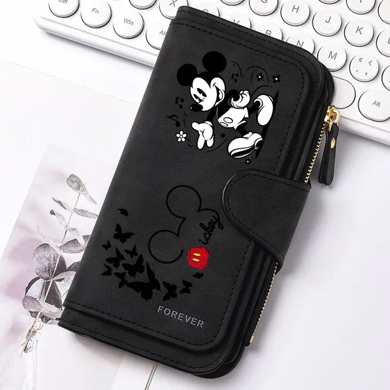  Mickey Minnie Lady Long Zip Wallet Buckle Tote Bag Coin Purse Soft PU Leather Multi-functional Card Holder Casual Daily
