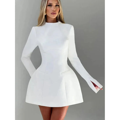 Women High Waist A-line Party Birthday Club Dresses Spring Autumn Black White Dress Luxury Long Sleeves Backless Sexy Mini Dress - Kimlud