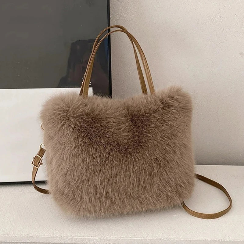 Faux Fur Tote Bag Women's Bucket Plush Luxury Design Ladies Handbags Soft Winter Crossbody Shoulder Bags Bolsa Feminina
