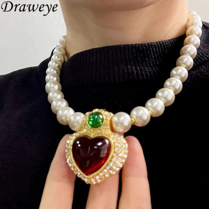 Draweye Winter Sweater Chain Vintage Heart Palace Style Neckalces for Women Pearls Fashion Hyperbole Collares Para Mujer