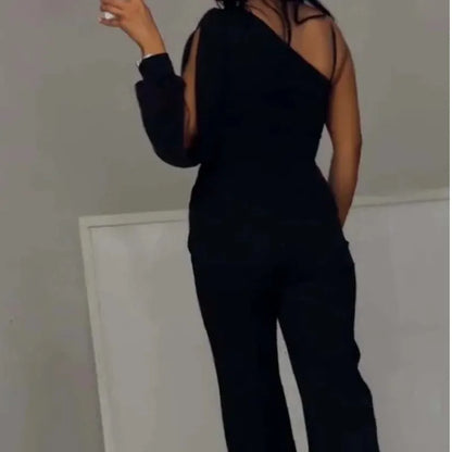 Autumn And Winter Fashion Sexy Slanted Shoulder High Slit Jumpsuit Elegant Women's Solid Color Single Shoulder Sleeve Jumpsuit