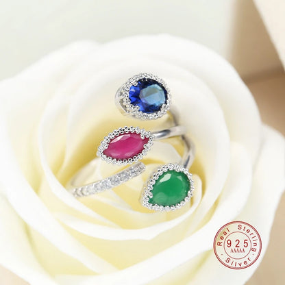 Classic 925 Sterling Silver High Quality Clear Blue Sparking CZ Geometric Stackable Opening Rings for Women Wedding Jewelry Gift