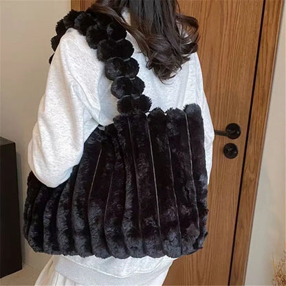 Autumn Winter Soft Plush Totes Bags, Stylish College Student Women Handbag Shoulder Bag with Leather Material Polyester Lining