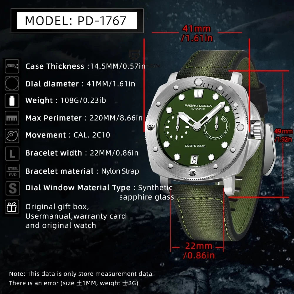 2023 PAGANI DESIGN New Men Mechanical Watch Luxury Sapphire Glass Automatic Watch 200M Waterproof Stainless Steel Watch for Men