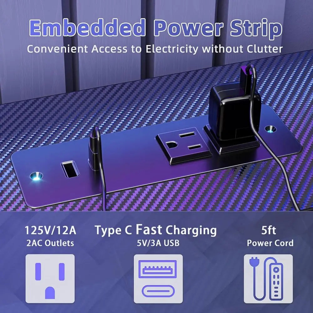 40 Ergonomic Carbon Fiber Gaming Desk with LED, Power Outlets, and Monitor Stand for PC Workstation or Bedroom