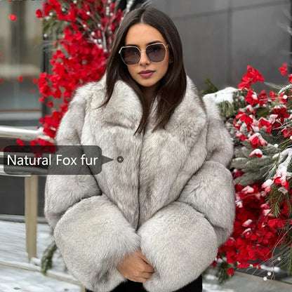 Natural Fox Fur Coat With Turndown Collar Women's Fox Cropped Jacket Genuine Fur Outerwear Hot Selling Short Real Fur Coat