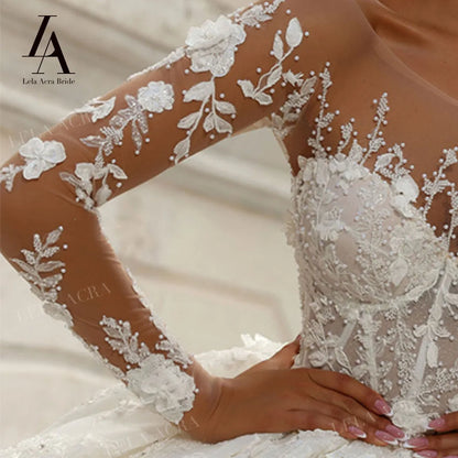 LelaAcra 3D Flowers Wedding Dress 2026 Long Sleeve Sweetheart Luxury Ball Gown Princess Bride SM161 Plus Size Vestido de Noiva