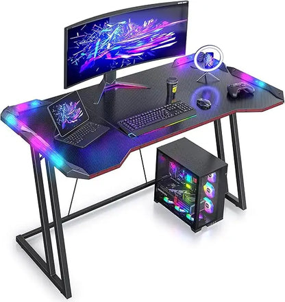 LED-Illuminated 47 Z-Shaped Gaming Desk with Carbon Fiber Surface for Ergonomic Home Gaming