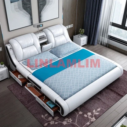 Genuine Leather Bed Multifunctional Beds Ultimate Massage Camas with Bluetooth,Speaker,Safe,Air Cleaner,...
