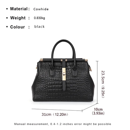 Aidrani  Genuine leather women's handbag, large capacity crocodile patterned cowhide bag, black
