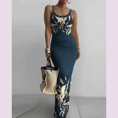 2025 Women s Sleeveless Strap O neck Sexy Belt Colorful Printed Long Skirt Evening Dress Y2k Sleeveless Solid Color Tight Fit