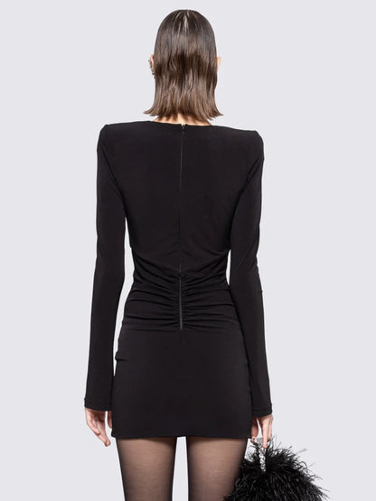 VC Chic Black Long Sleeved Ruched Mini Dress with Crystal Detailing for a Special Night Out