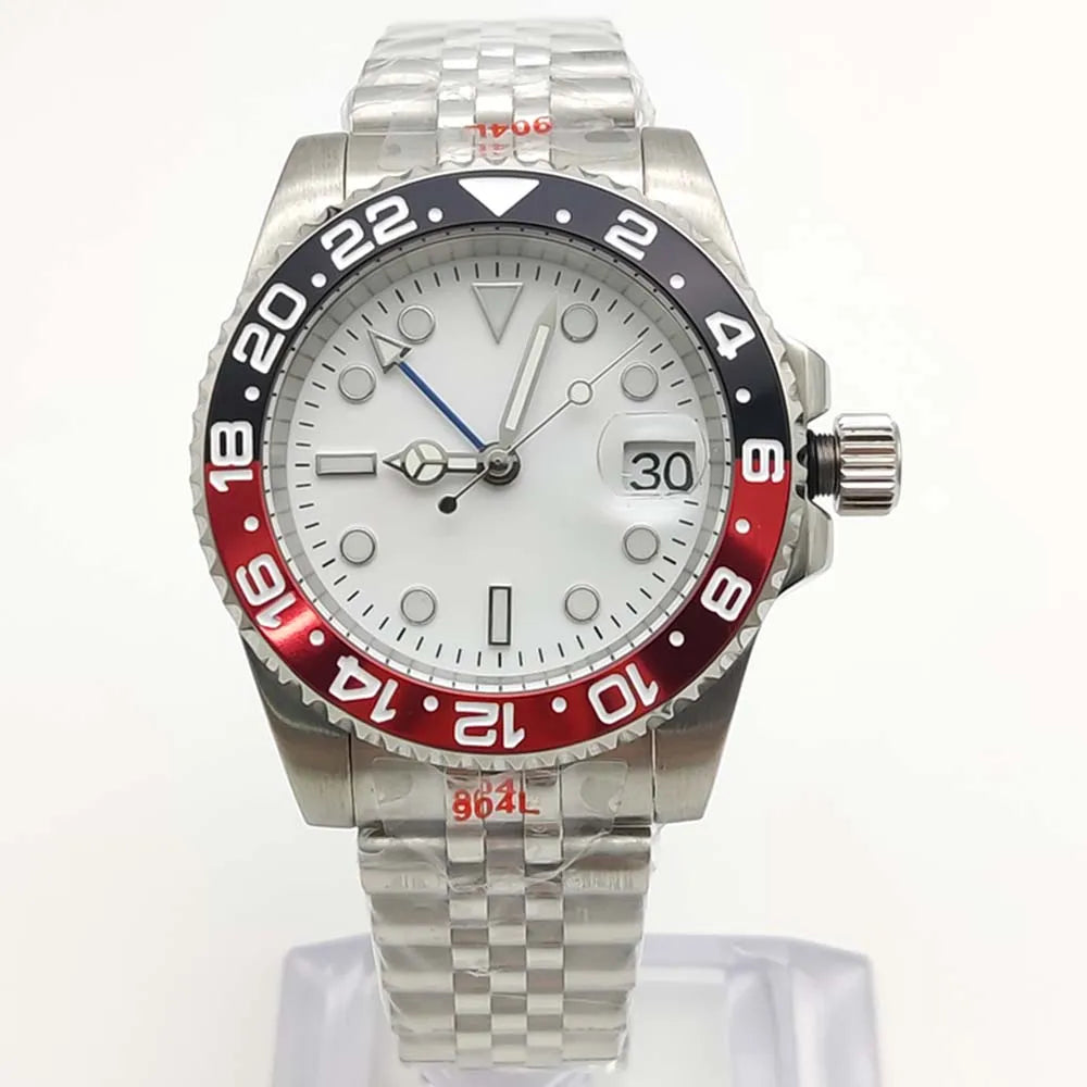 Men's New Elegant White GMT Watch, NH34 Movement, Sapphire Glass, Stainless Steel Waterproof Men's Mechanical Watch