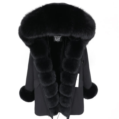 MAOMAOKONG 2024 Winter Women Coat Natural Fox Fur Collar Cuff Black Jackets Outwear Thick Luxury Real Fur Parka Women's Fur Coat
