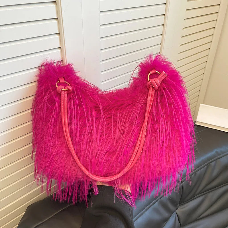 Trendy Large Capacity Plush Tote Bag Women's Crossbody Commuter Armpit Bag Street Style Fashion Soft Synthetic Leather Interior