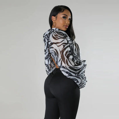 Women See Through Sheer Chiffon Blouse Sexy Front Back Open High Neck Self Tie Shawl Casual Shirts Y2K Night Club Party Tops