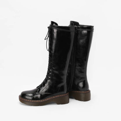 Krazing Pot Vintage Cow Split Leather Wool Snow Boots Winter Keep Warm Round Toe Cross-tied Med Heels Platform Thigh High Boots