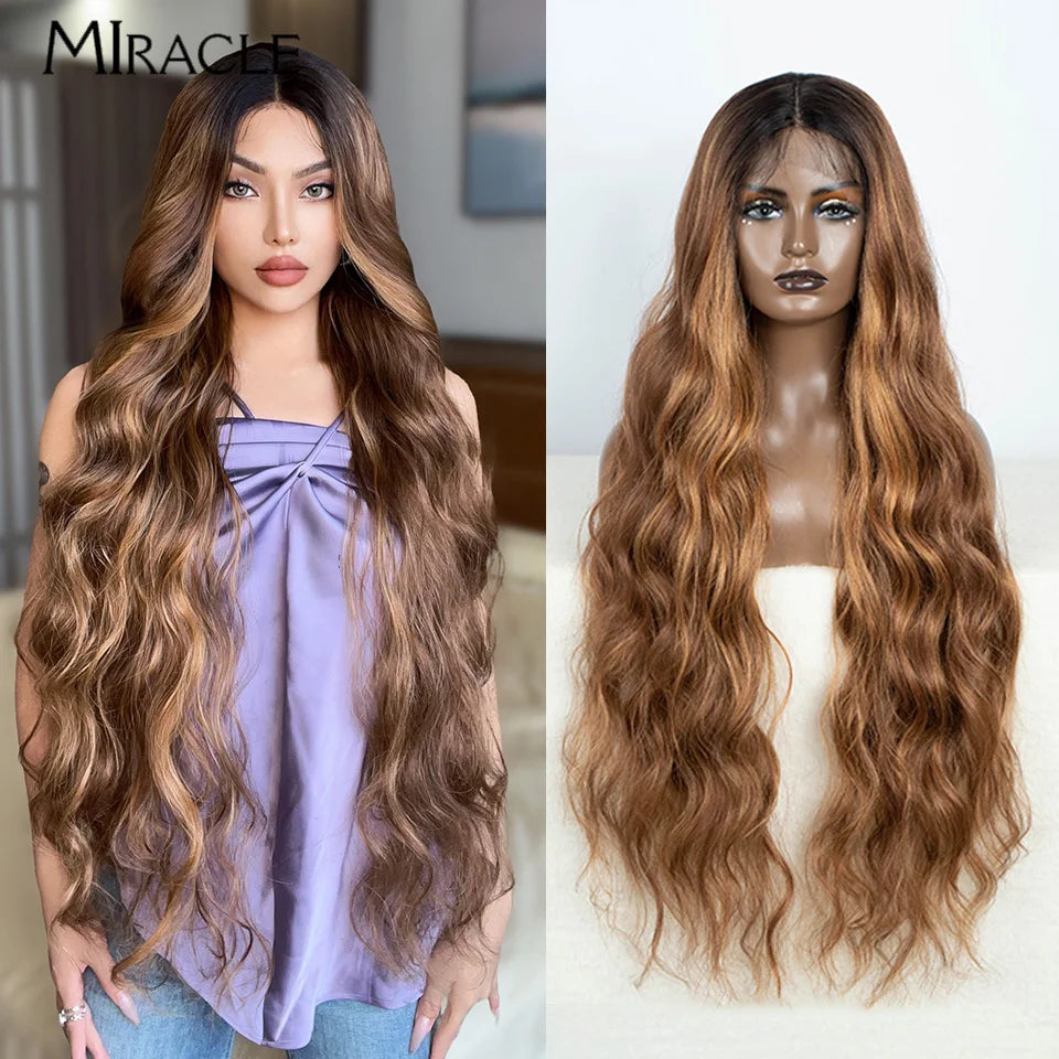 MIRACLE Synthetic 34 Inch Lace Front Wig for Women Ombre Blonde Loose Wave Wigs Famale Cosplay Wig Long Lace Wigs Wavy Fake Hair