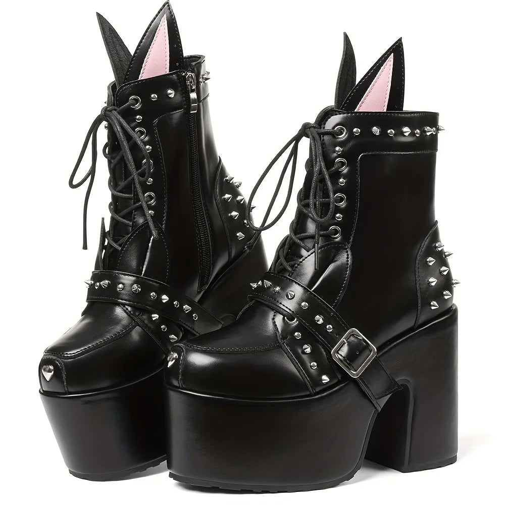 Women's Y2K Goth Ankle Boots Fashion Punk Rivet Buckle Platform Chunky High Heels Cute Ear Decoration Street Cosplay Boots Woman