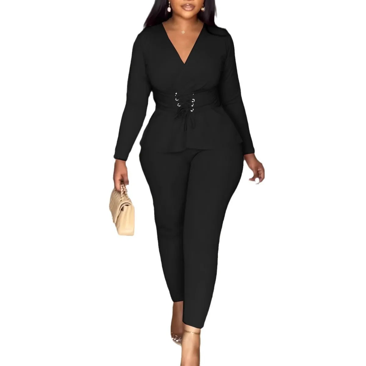 Pant Set Women Two Piece Sets V Neck Elegnt Work Solid Casual Slim Fit High Waist Tops Matching Sets Long Pants Slim Fit 2025