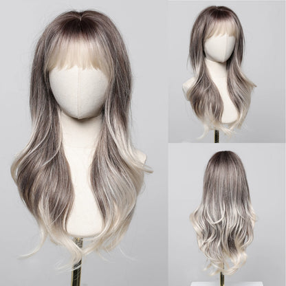 Golden Blonde Mixed Synthetic Wig Dark Root Wavy Hair With Side Bangs for Women Daily Party Cosplay wig Heat Resistant Fiber