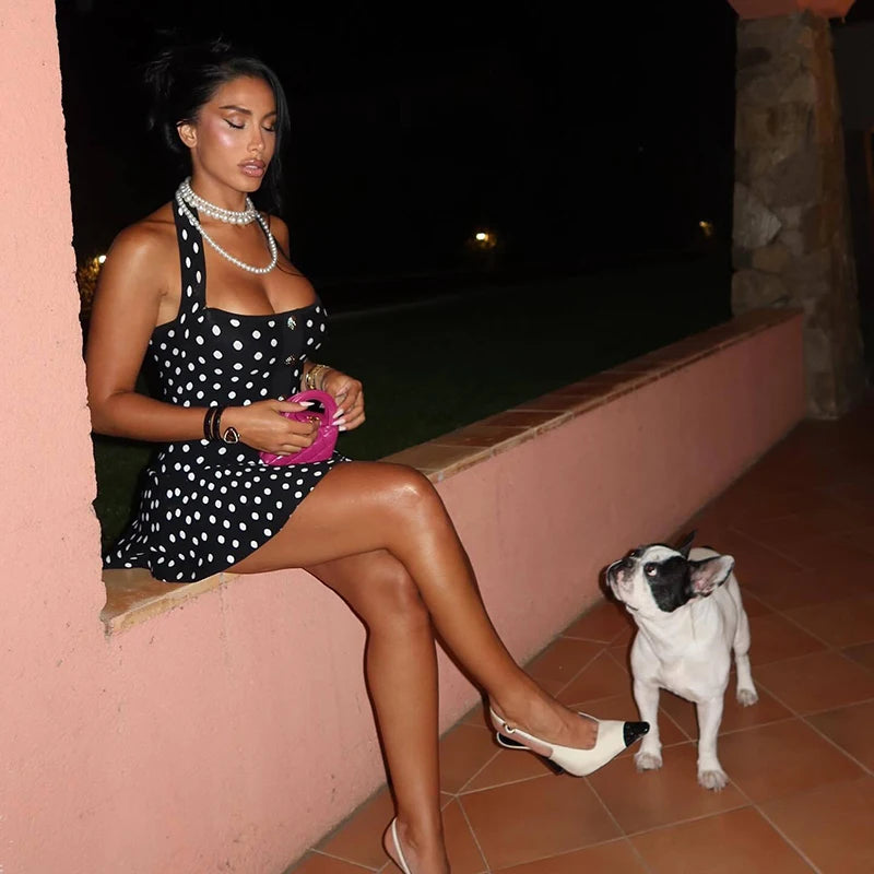 Mozision Halter Backless Polka Dot Dress For Women Fashion Square Collar Sleeveless High Waist A-line Knit Mini Dress Elegant