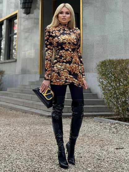 VC Grape Printed Gold Velvet Turtleneck Slim Mini Dress Women Button Design Long Sleeves Celebrity Cocktail Club Party Dress