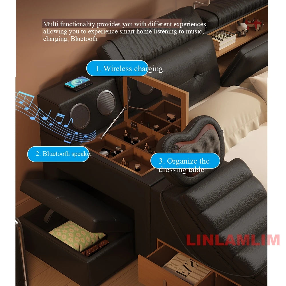 Luxury Tech Smart Multifunctional Bed with Massage Chair, Bluetooth Speakers, Projector, USB – Modern Upholstered King Size Bed