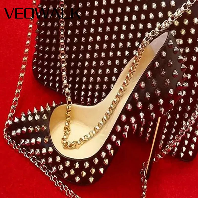 Veowalk Silvet Gold Revits Women Sexy 12cm Pointed Toe High Heels Ladies Shallow Stiletto Pumps Shiny Wedding Party Dress Shoes