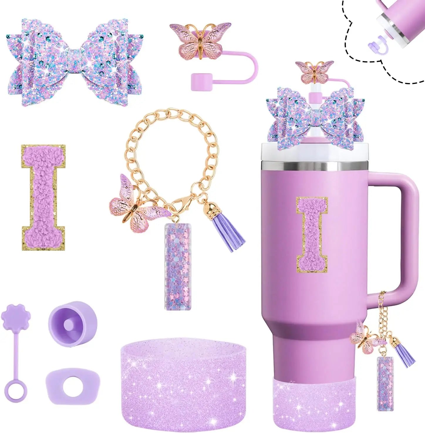 8pcs Cup Accessories Set 30oz 40oz tumbler Straw Topper Cover, Boot, Spill Proof Stoppers, Handle Charms Sticker for Stanley Cup