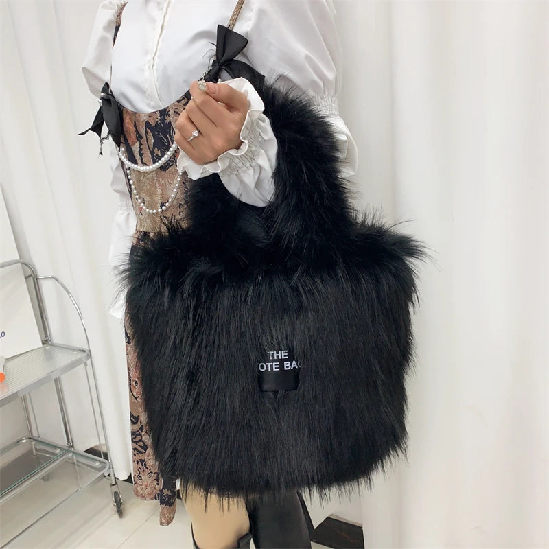 Luxury Designer The Tote Bags for Women Furry Leather Branded Fur Shoulder Bags Female Large Crossbody Handbags
