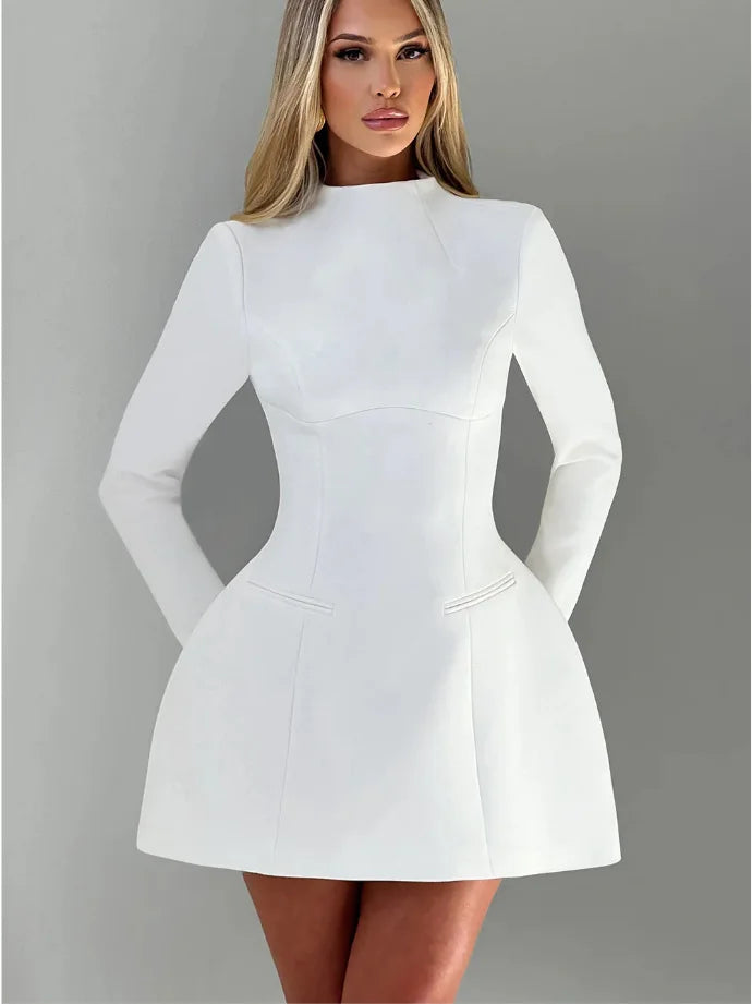 Women High Waist A-line Party Birthday Club Dresses Spring Autumn Black White Dress Luxury Long Sleeves Backless Sexy Mini Dress - Kimlud