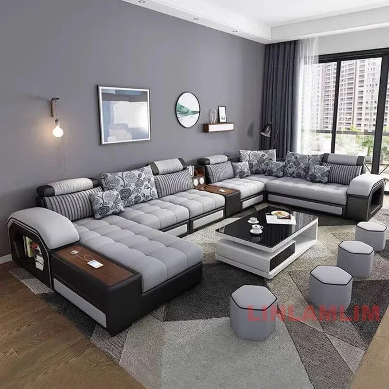 Linlamlim U-Shaped Sectional Fabric Sofa Set - Modern Living Room Furniture with Storage, Built-in Side Table, USB, and...