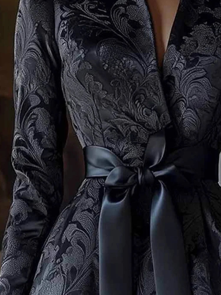 Elegant Womens Print Dress Evening Party Guest Long Sleeve Pleated Maxi Dress with Stand Collar Waisted Wedding Vestido Dress