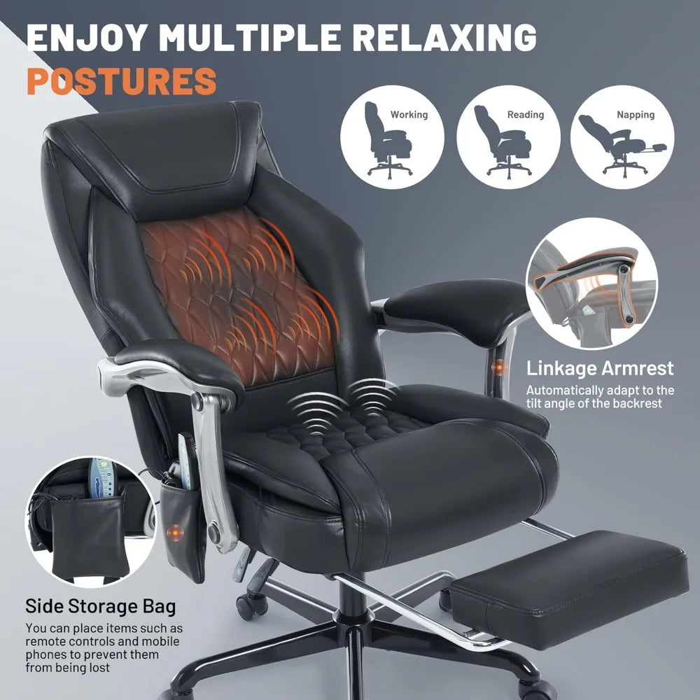Reclining Office Chair with Massage & Heat & Footrest, 6-Point Vibrations, Ergonomic Executive Computer Desk Chair with Padded S