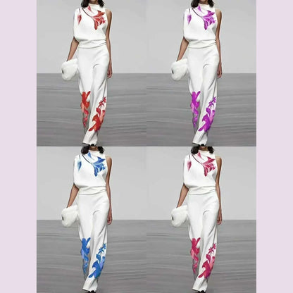 Two Piece Sets High Waist Wide Leg Trousers Outfits Matching Sets Suit Women Solid Turtleneck Sleeveless Tops Print Loose Pant