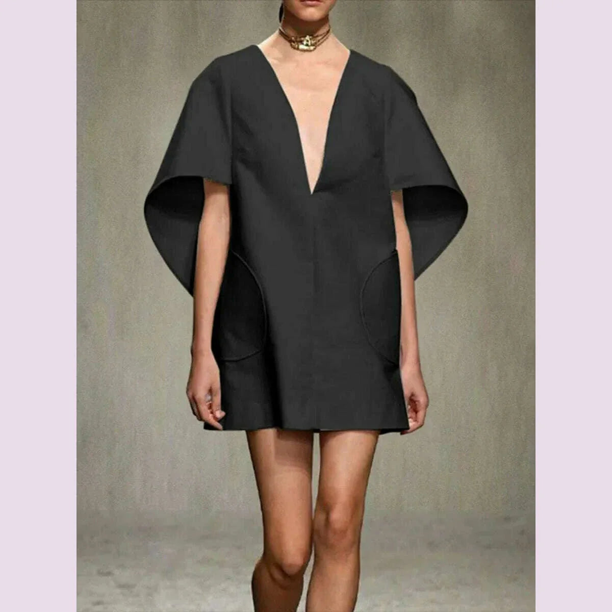 Yeezzi Fashion Black White Color Short Dress For Women 2024 New Spring Deep V-neck Half Sleeves Loose Prom Party Mini Dresses